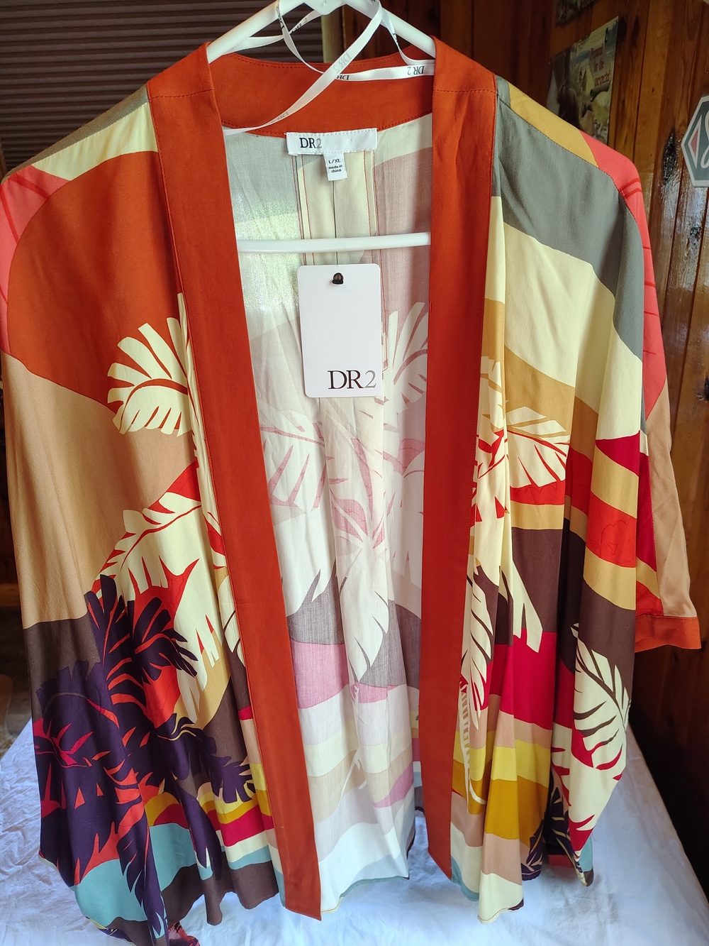 DR2 Daniel Rainn Tropical Kimono  L/XL NWT Open Front Boho Resort Cover Up